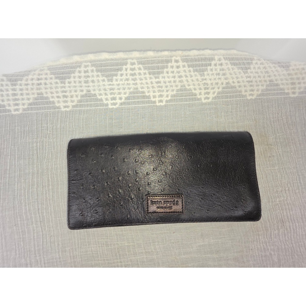 Kate Spade New York Black Ostrich Embossed Leather Clutch Bag Striped Lining